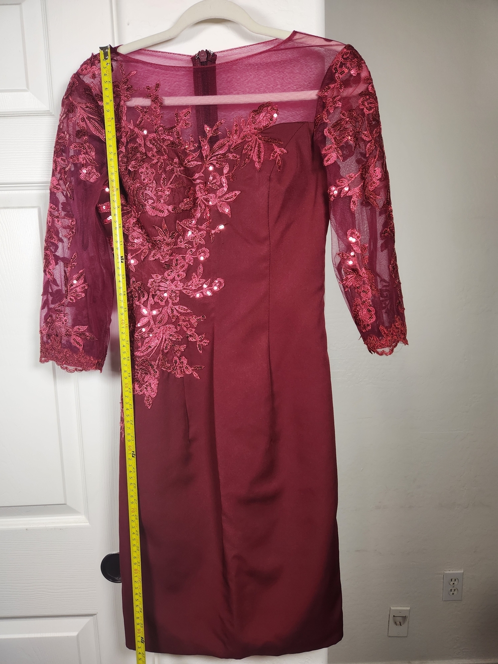 Women's Burgundy Midi Dress with Embroidered Illusion Sleeves